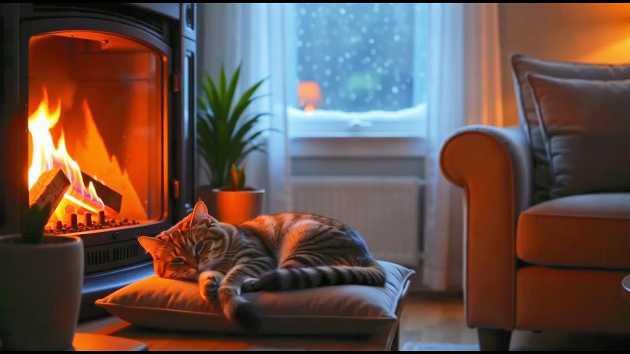 Quiet Night Ambience with Cat Sleep Music – Quiet Fireplace ASMR with Soft Piano Glow