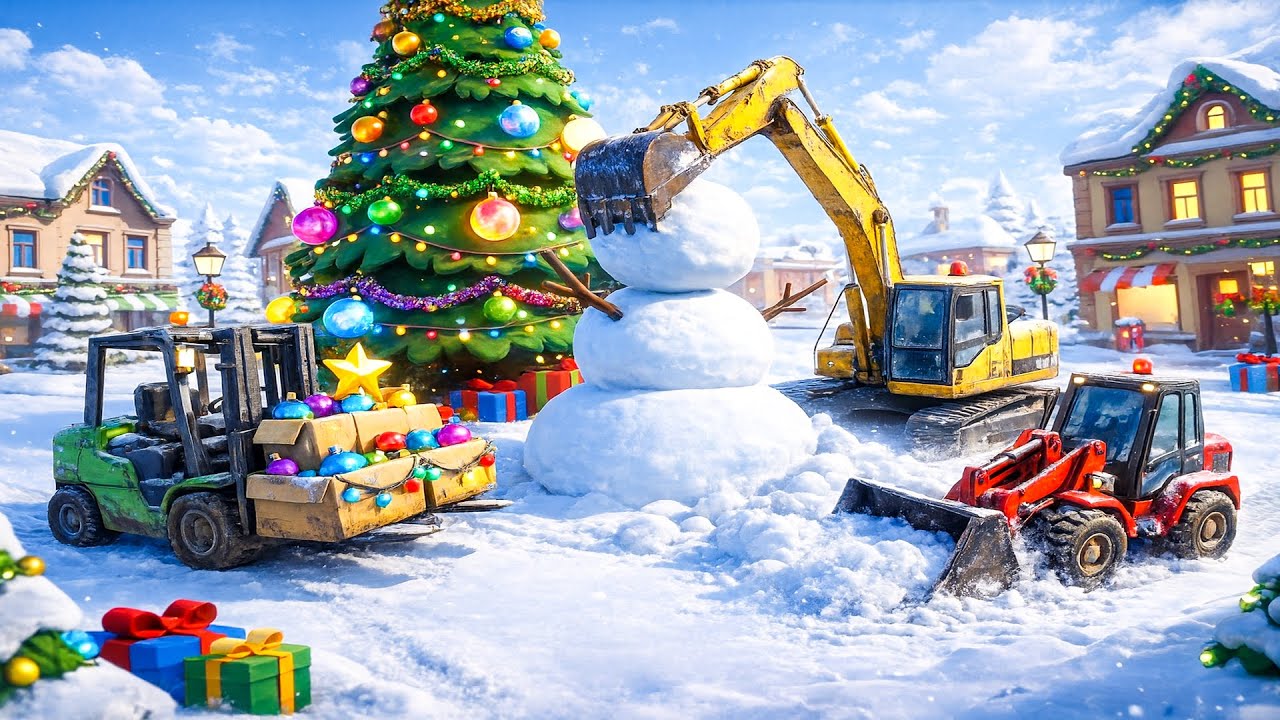 🚜🎄 Christmas Decorations! Excavator & Bulldozer Light Up the City | Construction Vehicles
