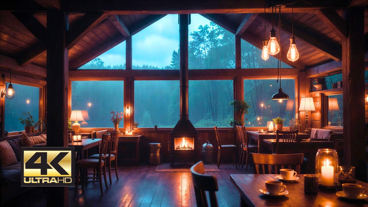 🔥 Cozy Rainy Café Lo-Fi & Jazz ☕ Warm Coffee Shop Ambience for Relax, Work, Study