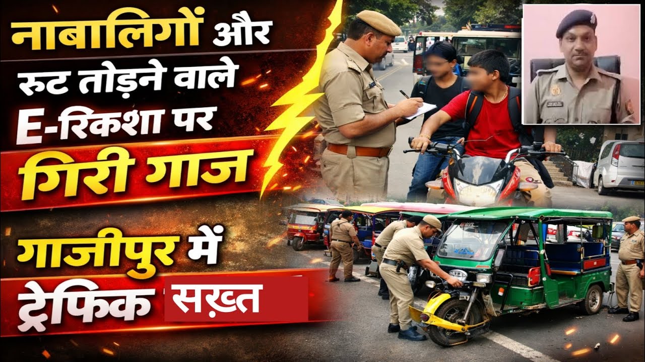 गाजीपुर में ट्रैफिक सख्त नाबालिग चालकों और रूट तोड़ने वाले E-रिक्शा पर बड़ी कार्रवाई | MV Act चालान