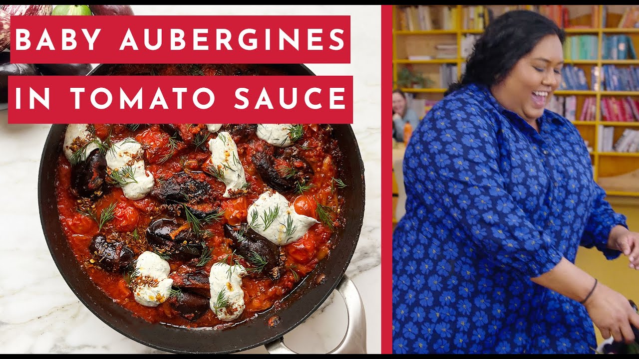 Мини-баклажаны в томатном соусе с анчоусами и укропным йогуртом | Ottolenghi 20