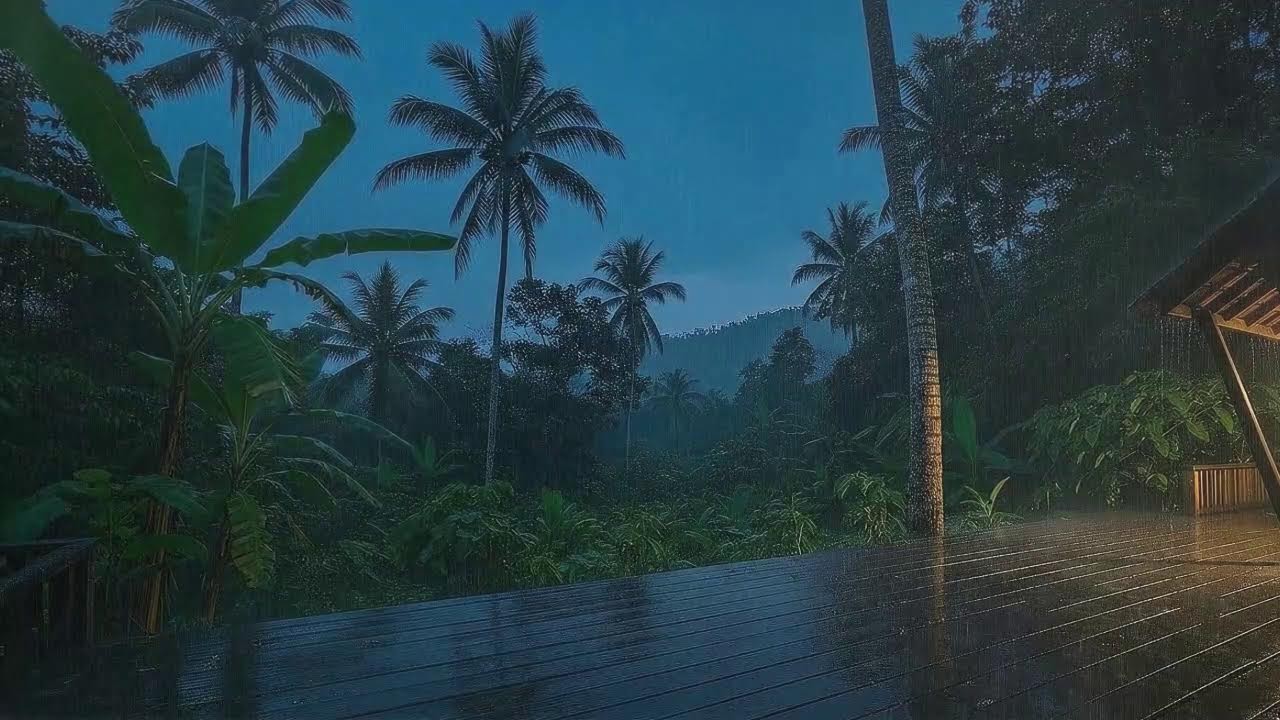 Sleep Now with Warm Rainfall and Soft Thunder Murmur at Cabin Terrace 🌧️