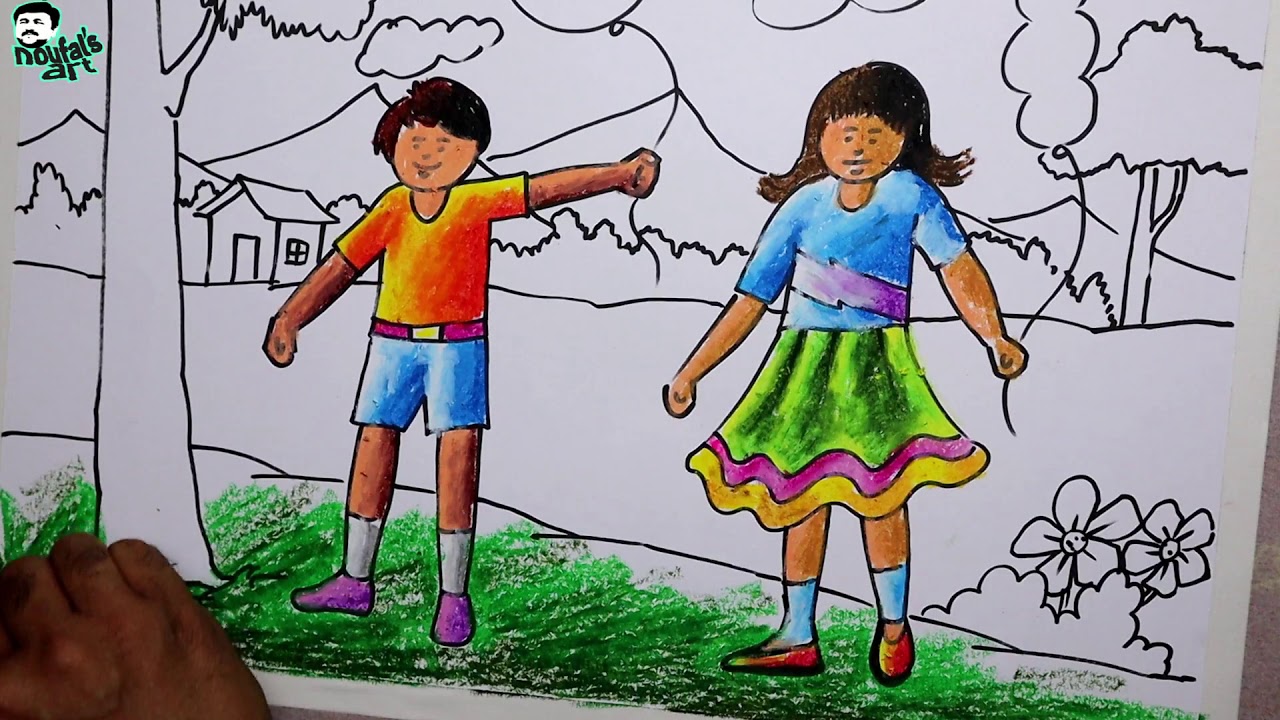 Girl and boy with Balloons drawing for beginners with Oil Pastels step by stepI How to draw Balloons