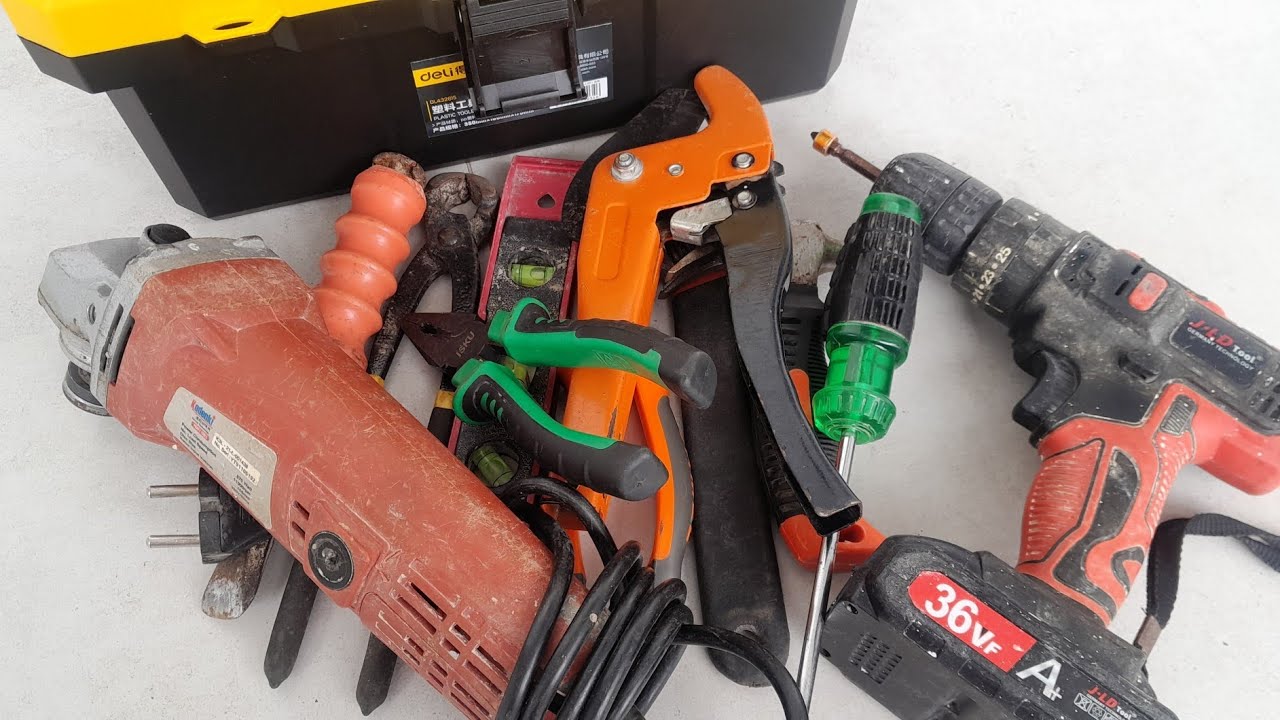 Engineering Tools Collection, Drill, Grinder, Hammer, Screwdriver, Pliers, Wrench, Cutting Pliers