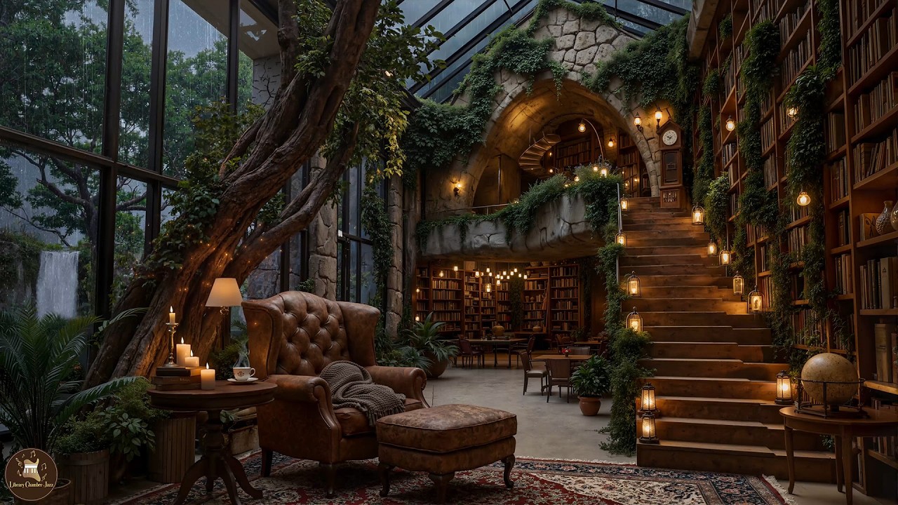 Smooth Jazz in a Cozy Forest Library – Relaxing Jazz with Rain Sounds & Waterfall View for Calm
