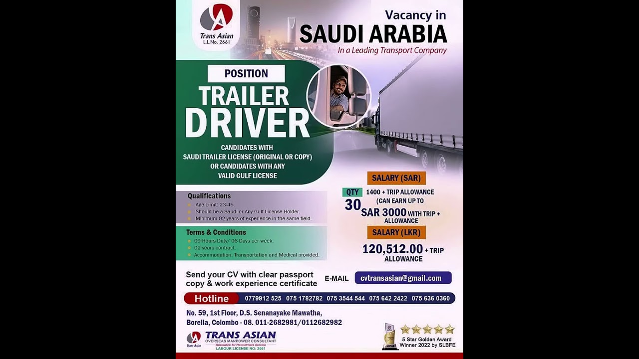 Saudi Arabia Trailer Driver Vacancy