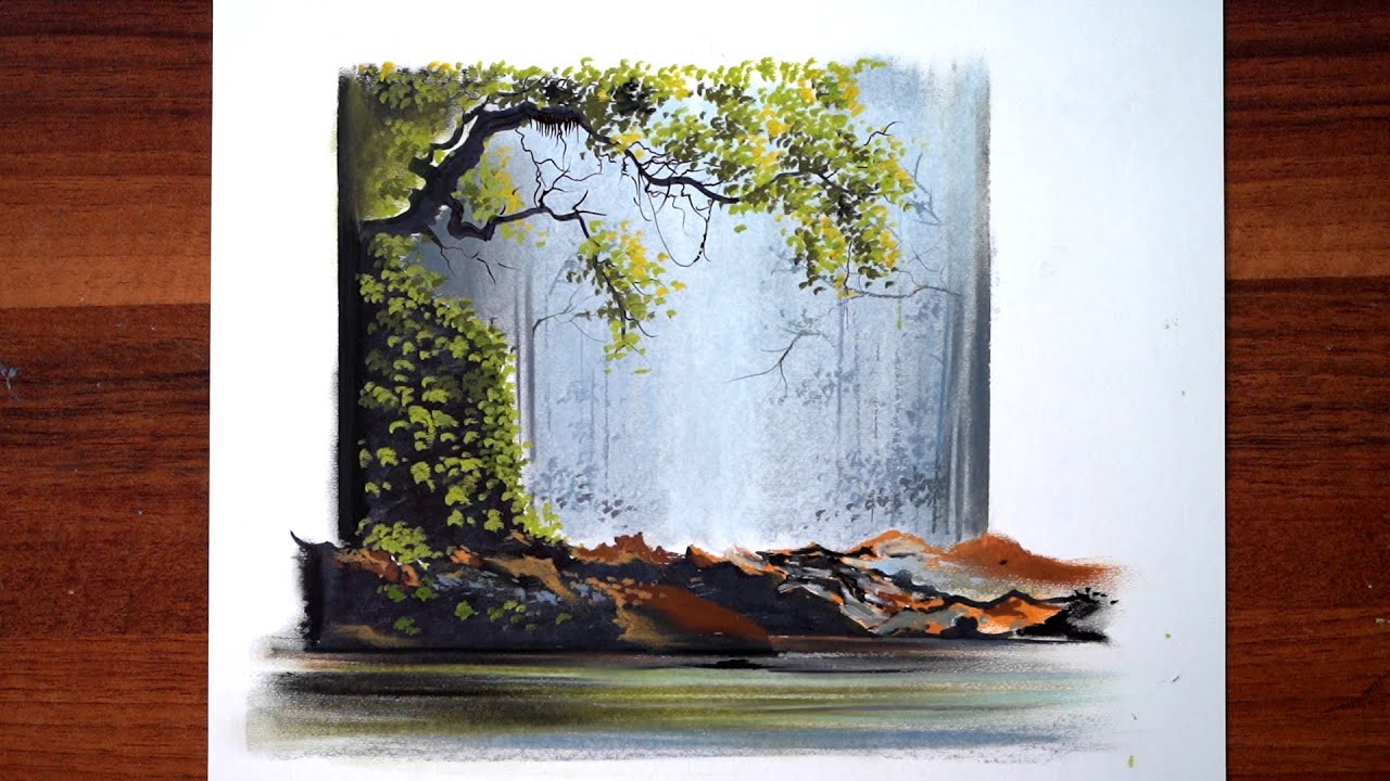 How to draw a realistic foggy forest morning only using oil pastels