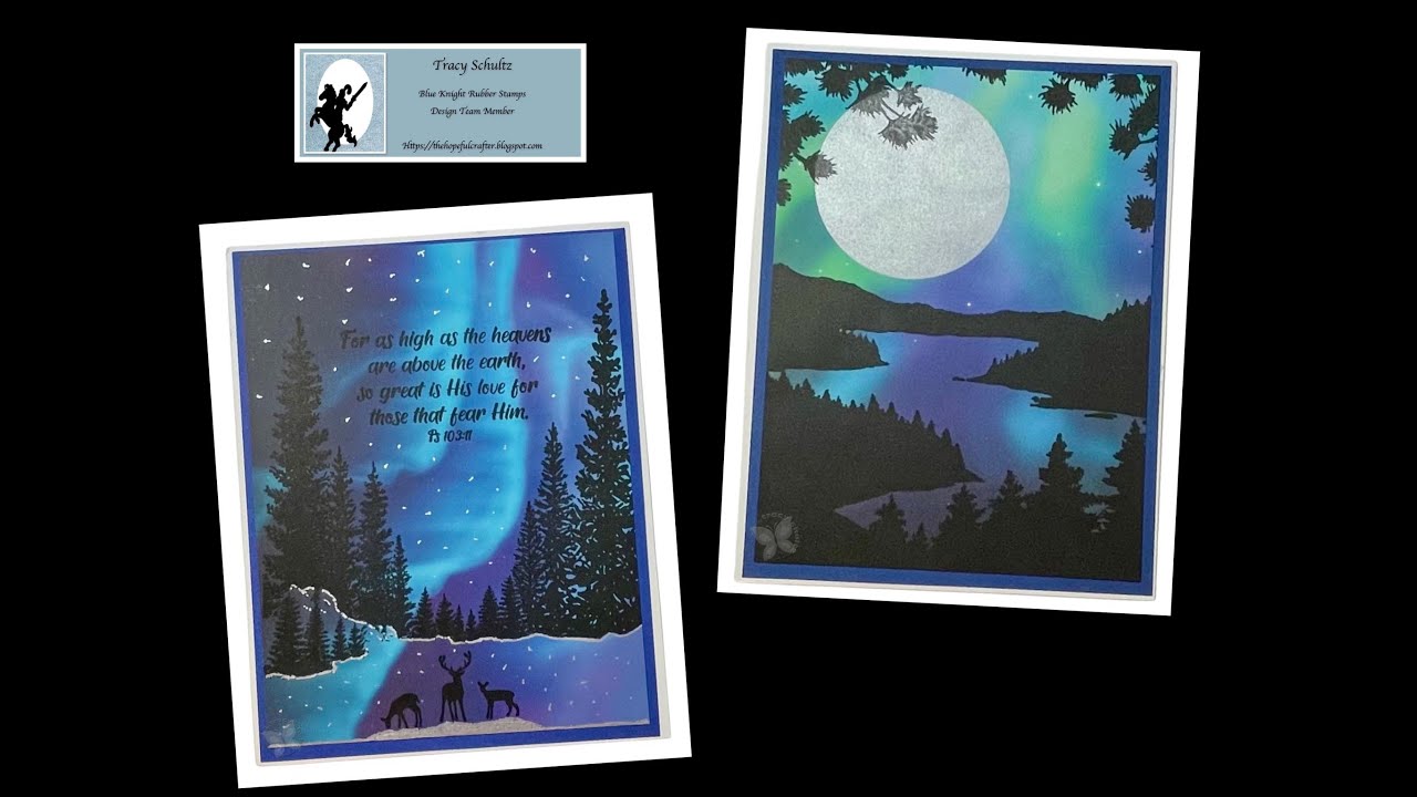 Северное сияние и величественные сосны | Силуэт горной реки | Резиновые штампы Blue Knight