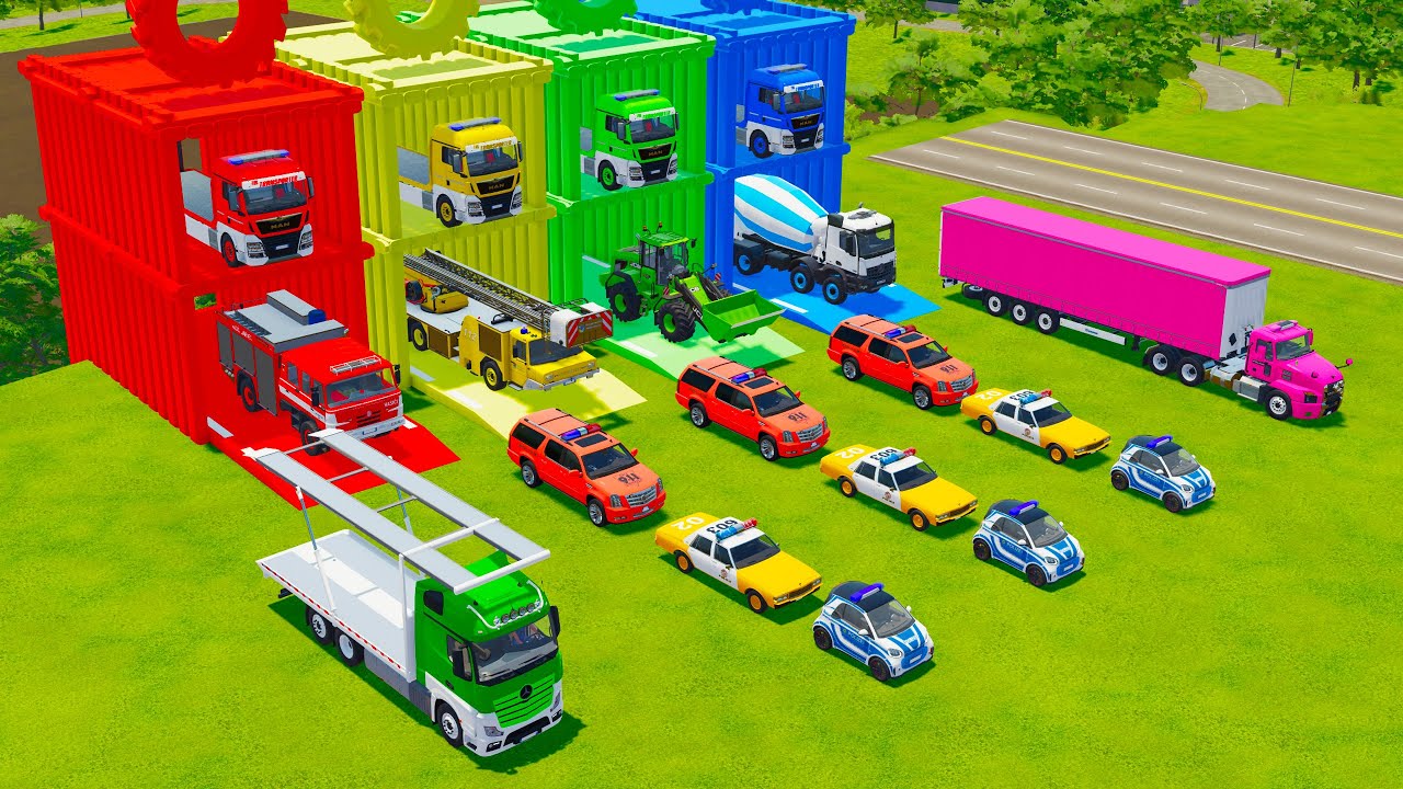 ALL POLICE AND RESCUE VEHICLES, WHEEL LOADER, BETON MIXER TRUCK TRANSPORT TO GARAGE - FS22