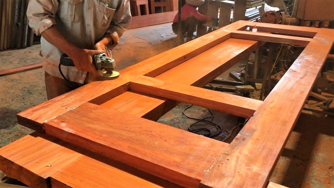 Woodworking Workers and Projects Red Hardwood // Skillful Carpenters in Design Wooden Bed Room Door