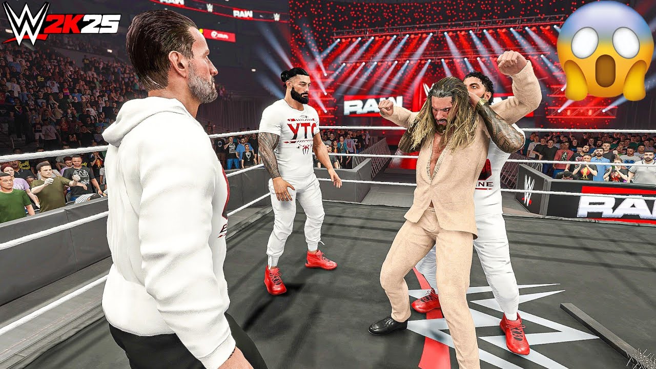 Роман Рейнджерс, Джей Усо и CM Панк уничтожают Сета Роллинса на Monday Night Raw — геймплей WWE 2K25