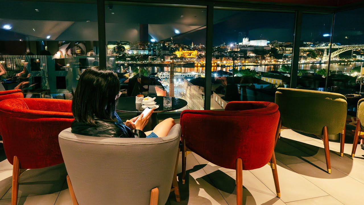 Stunning night views of the Douro River from hotel bar | 2-day trip to Porto, Portugal