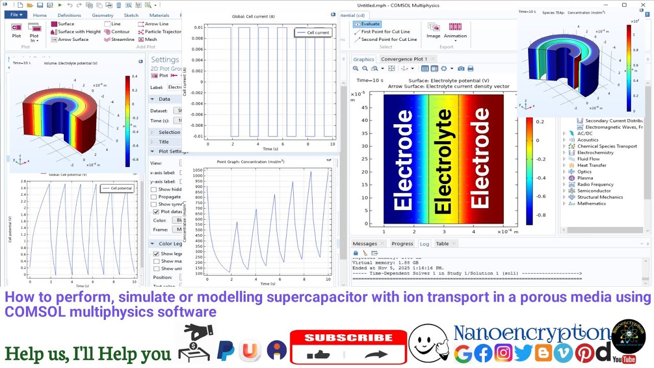 How to perform a supercapacitor with ion transport in a porous media using COMSOL software 