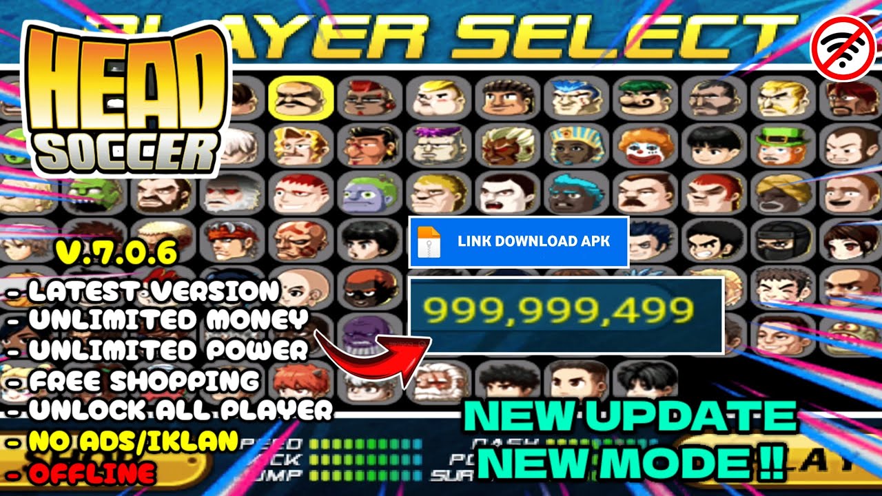 HEAD SOCCER MOD APK v7.0.6 NEW UPDATE UNLIMITED MONEY UNLOCK ALL PLAYER - Head Soccer