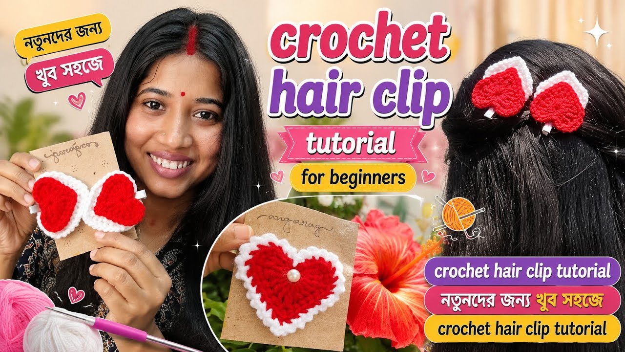 Crochet Hair Clip Tutorial ।। খুব সহজ ভাবে Crochet Hair Clip Tutorial।। Valentine's Day Special