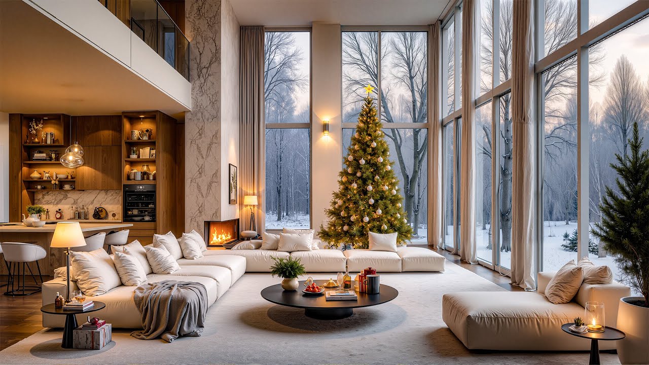 Gentle Jazz Rhythms In A Living Room Overlooking A Winter Forest - Cozy Jazz For Studying, Working