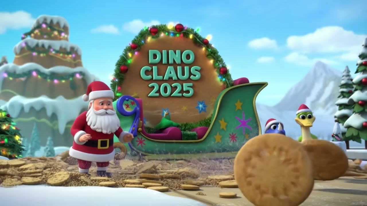 Рождественские мультяшные динозавры Рекси Гигглс, Триси Спарк и Птера Бриз. Ремонт саней Санты.