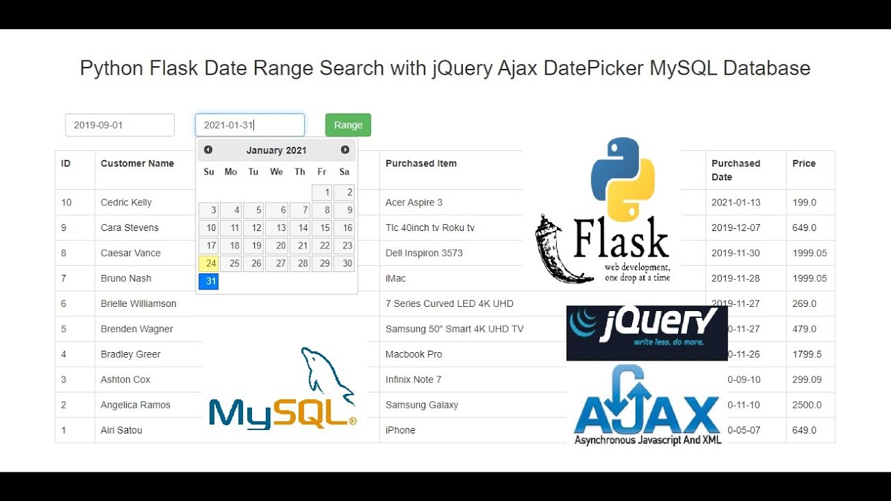 Python Flask Date Range Search with jQuery Ajax DatePicker MySQL Database