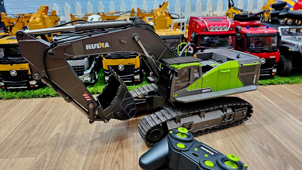 Unboxing rc excavator huina 1493 skala 1:14, dump truck, truk molen, truck trailer, mixer truck