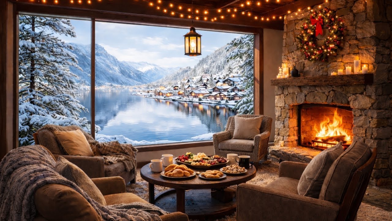 Cozy Winter Lodge Ambience ❄️ Piano Jazz, Snowfall, & Crackling Fireplace