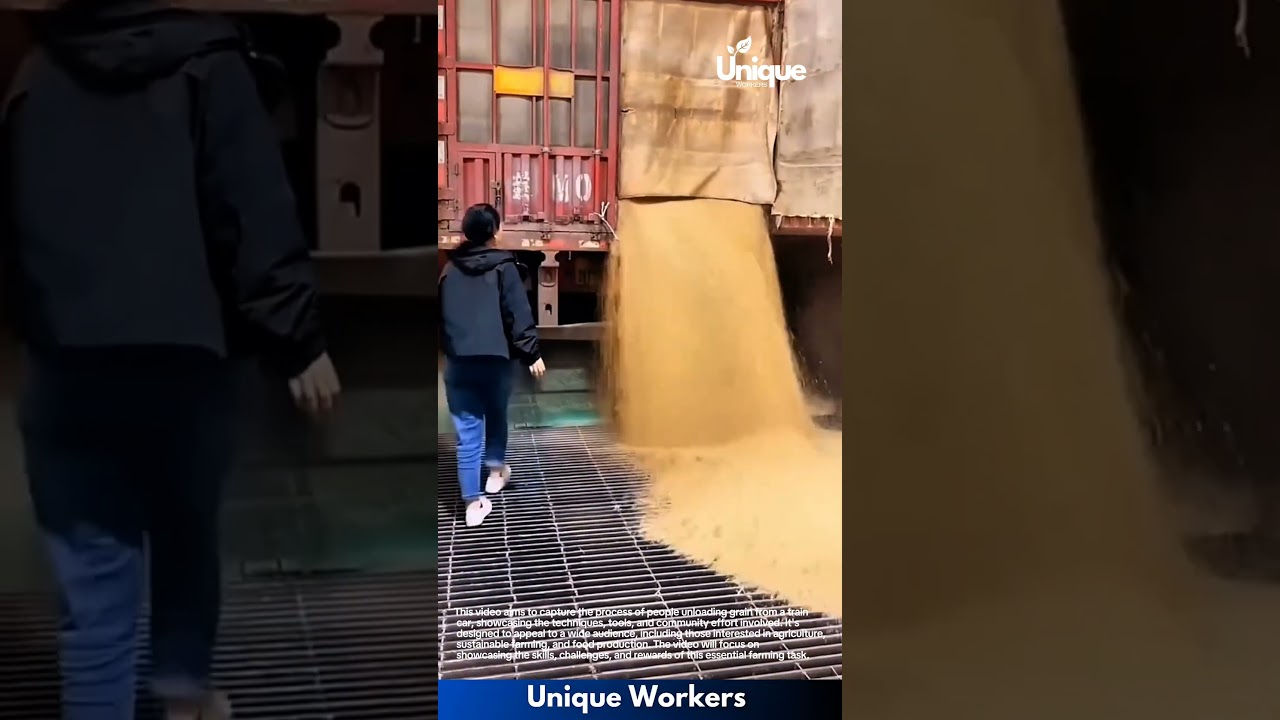 Grain unloading: people unloading grain from a train car