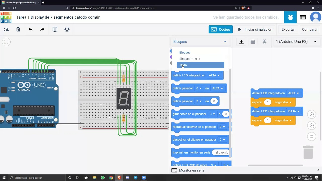Display de 7 segmentos cátodo común Tinkercad