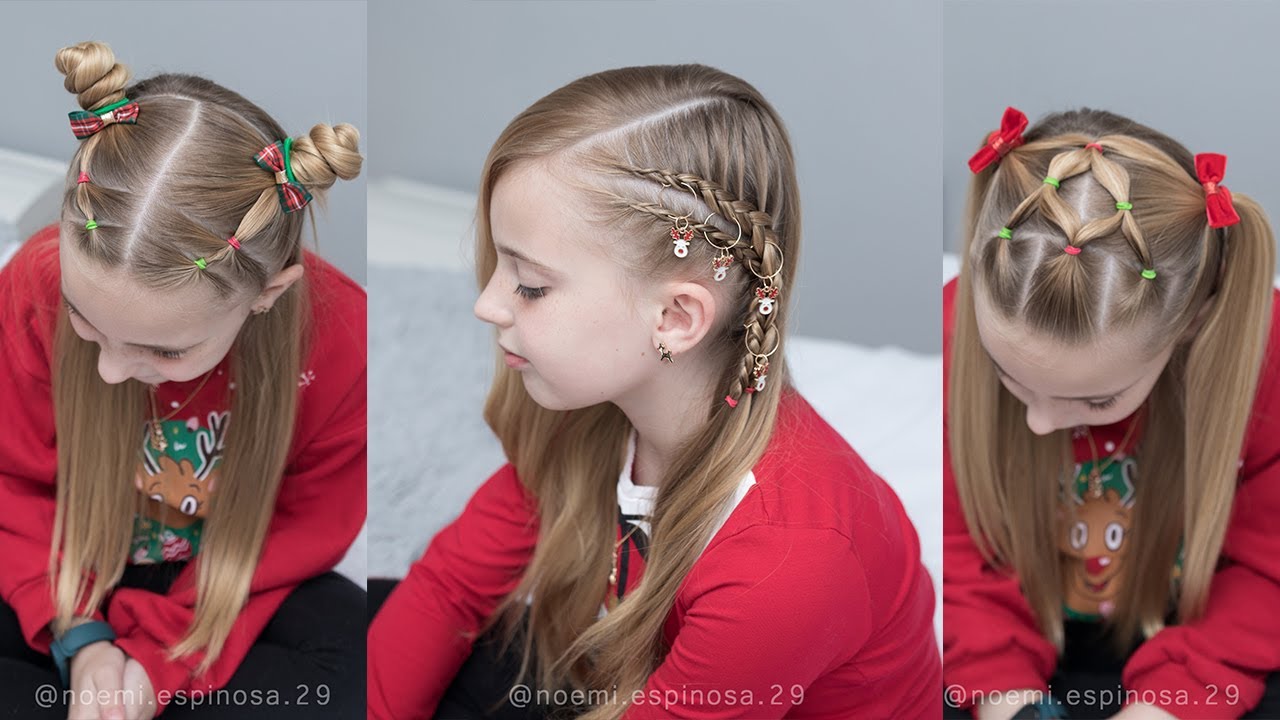 3 PEINADOS NAVIDEÑOS PARA NIÑAS FACILES Y RAPIDOS - PEINADOS CON LIGAS Y TRENZAS