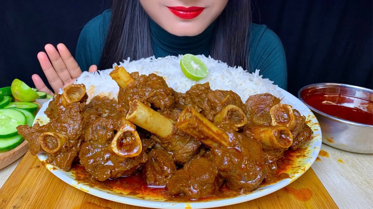 ASMR EATING MUTTON CURRY+WHITE RICE+SALAD || REAL MUKBANG (FOOD EATING SHOW)