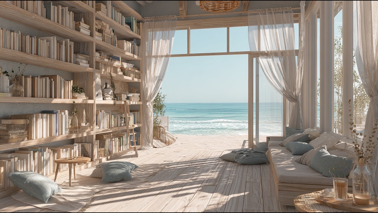 Beachside Library Ambience | Ocean Waves & Relaxing Lo-fi Music