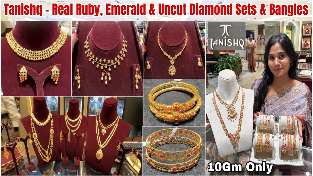 Tanishq 22KT Gold Real Ruby, Emerald & Uncut Diamond Sets & Bangles @10Gm😍Lightweight Gold Necklace
