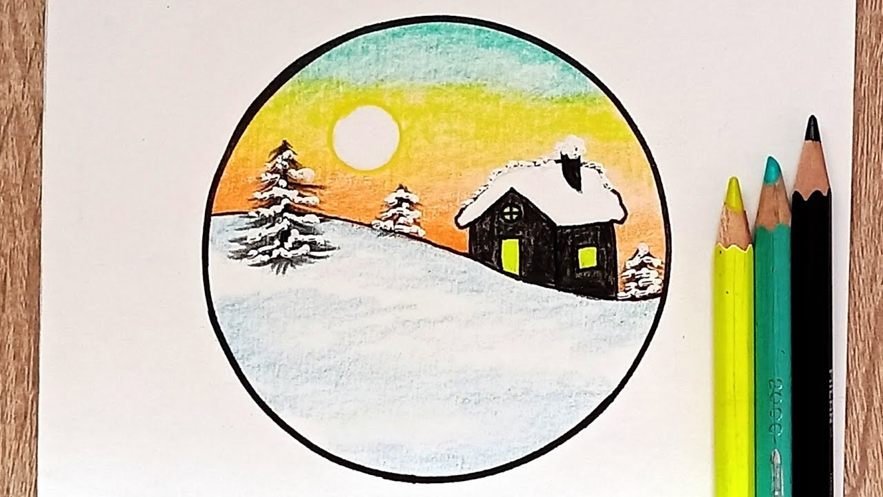 رسم سهل لفصل الشتاء | رسم ثلج و منزل | رسومات سهلة | رسم منظر طبيعي | رسومات سهلة| كيف ارسم منظر سهل