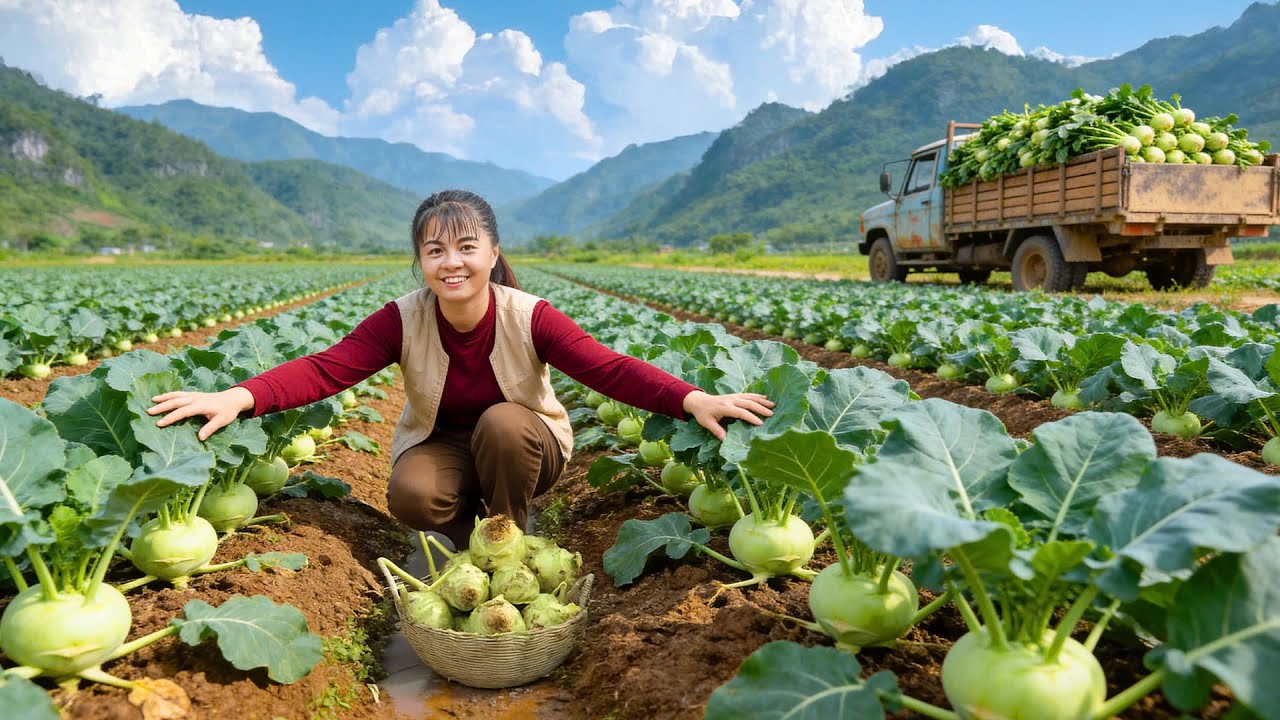 Harvesting 500 Kohlrabi Tubers in One Day | Farm to Countryside Market by 3-Wheeled Truck