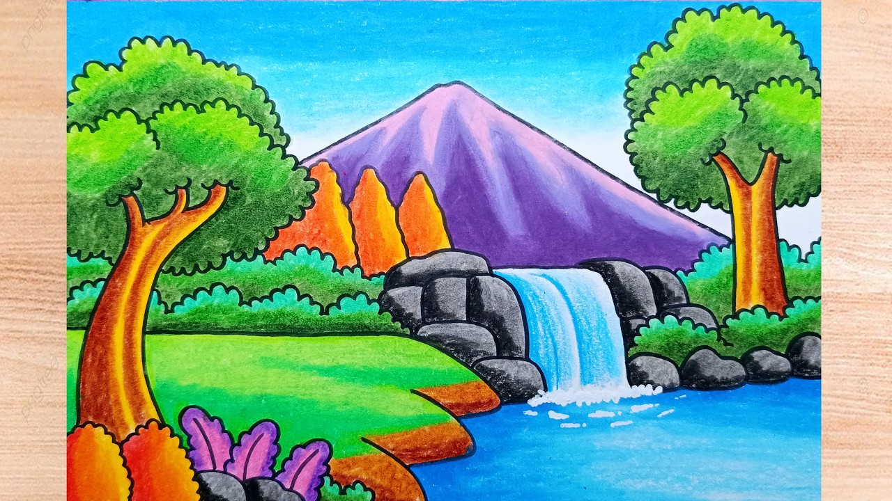 How to Draw Beautiful Waterfall and River Scenery || Easy Scenery Drawing