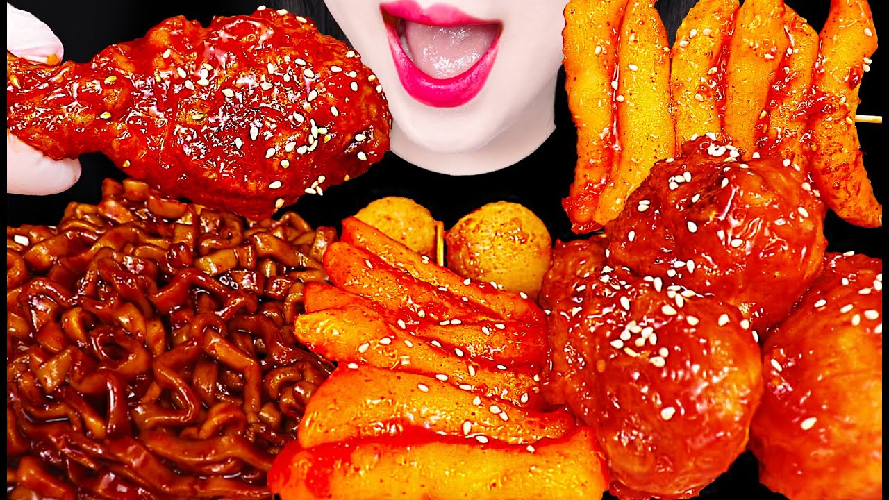 ASMR Fried Chicken, Cheese Ball, Noodles 양념 치킨 닭다리, 치즈볼, 진진짜라 먹방 Mukbang, Eating