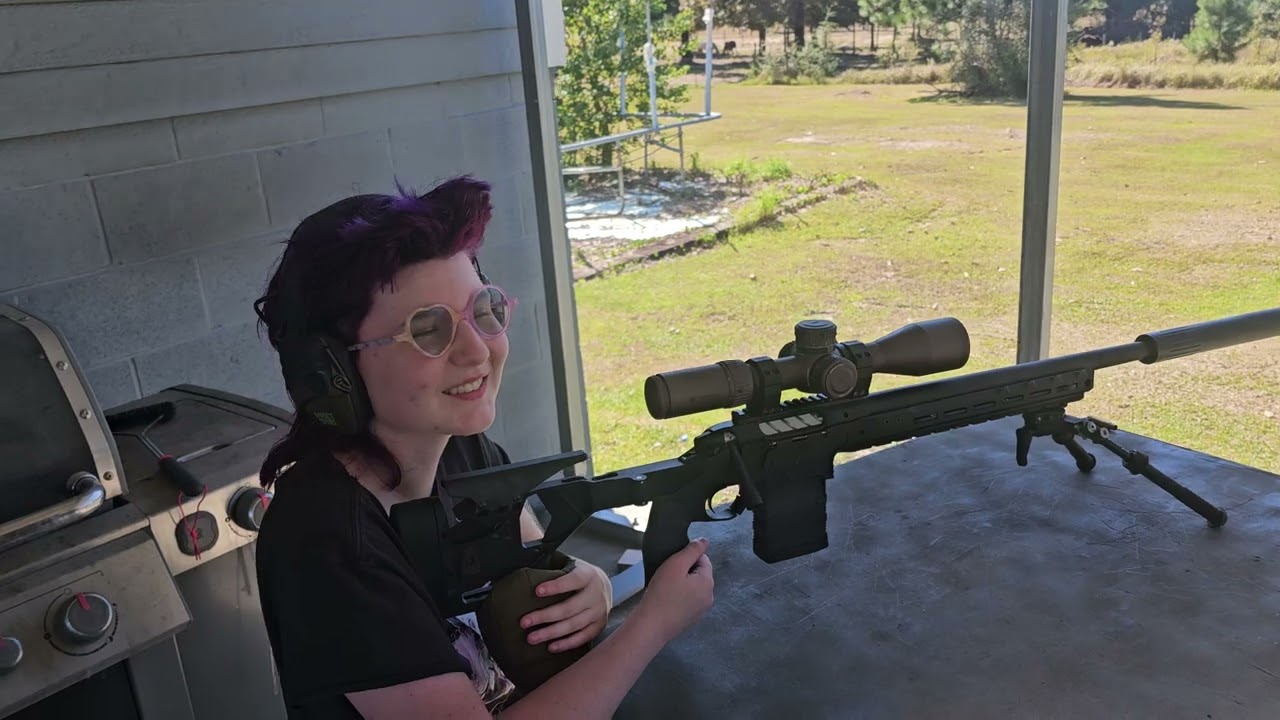 17 YO daughter shooting my Seekins Hit Pro M3 .308 on the patio at a 100 rd target.
