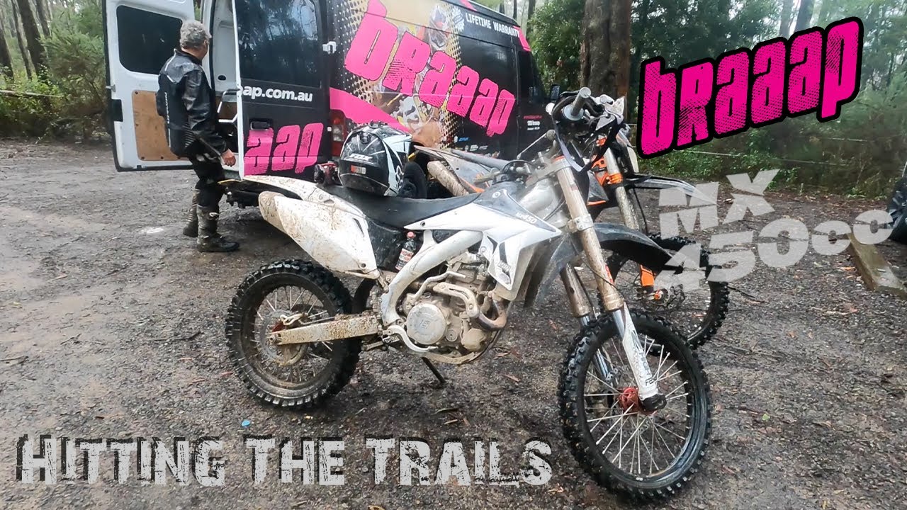MX450 Trail Ride - HARD TRAILS - Rain, Mud, Hill Climbs & Rocks - Braaap MX450,21 KTM300exc, KLX450