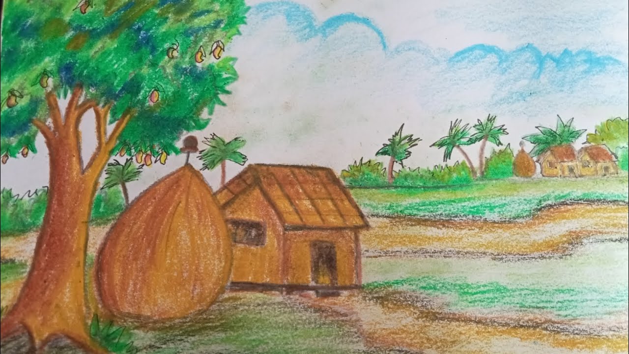 Oil Pastel Village Landscape Tutorial | Village Scenery Drawing Easy | Step by Step by Adhora’s Art