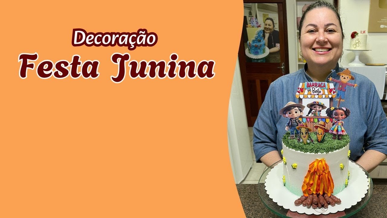 Uma decoração de bolo para festa junina em chantilly