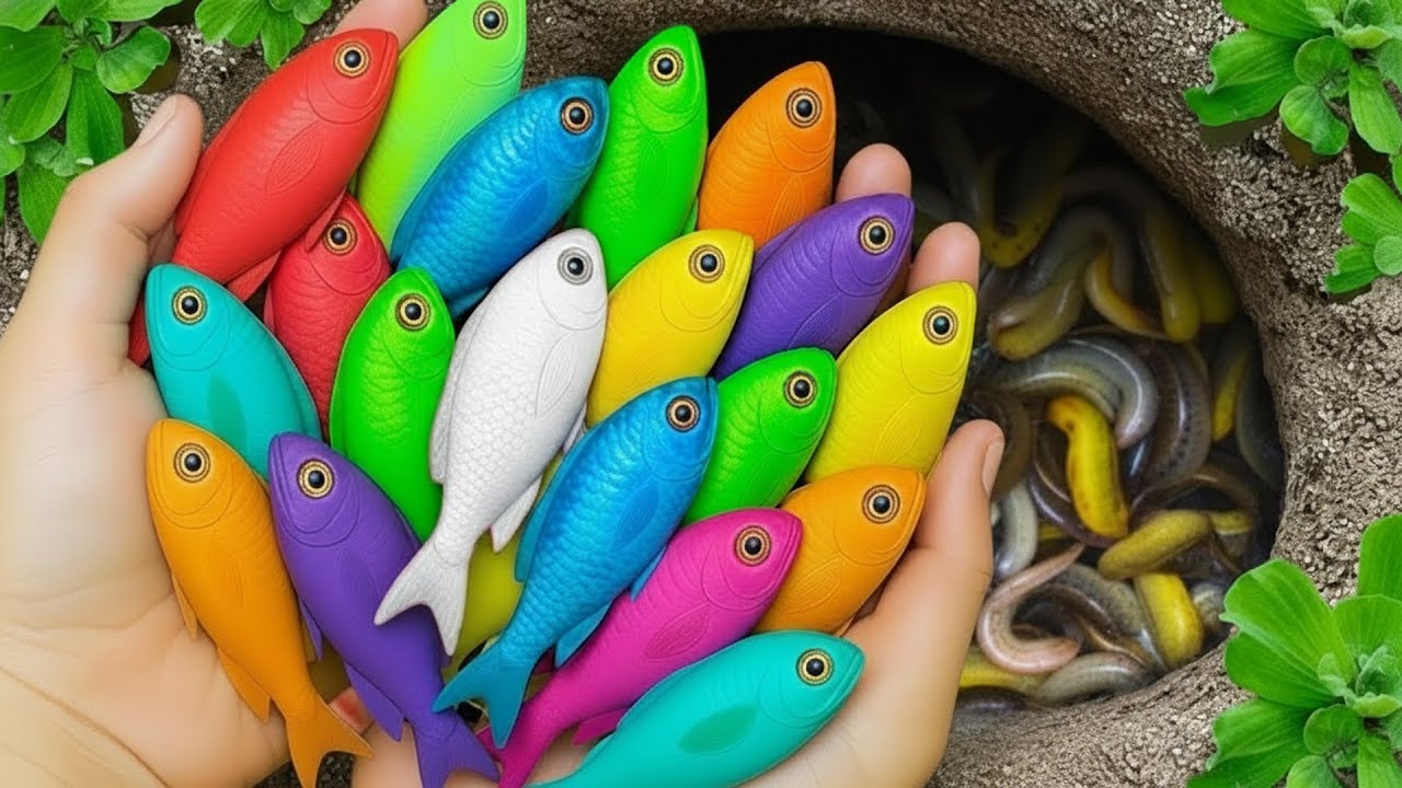 Catch beautiful aquarium fish in small pond baby turtles, eel, frog, pencil fish, guppies, cute fish