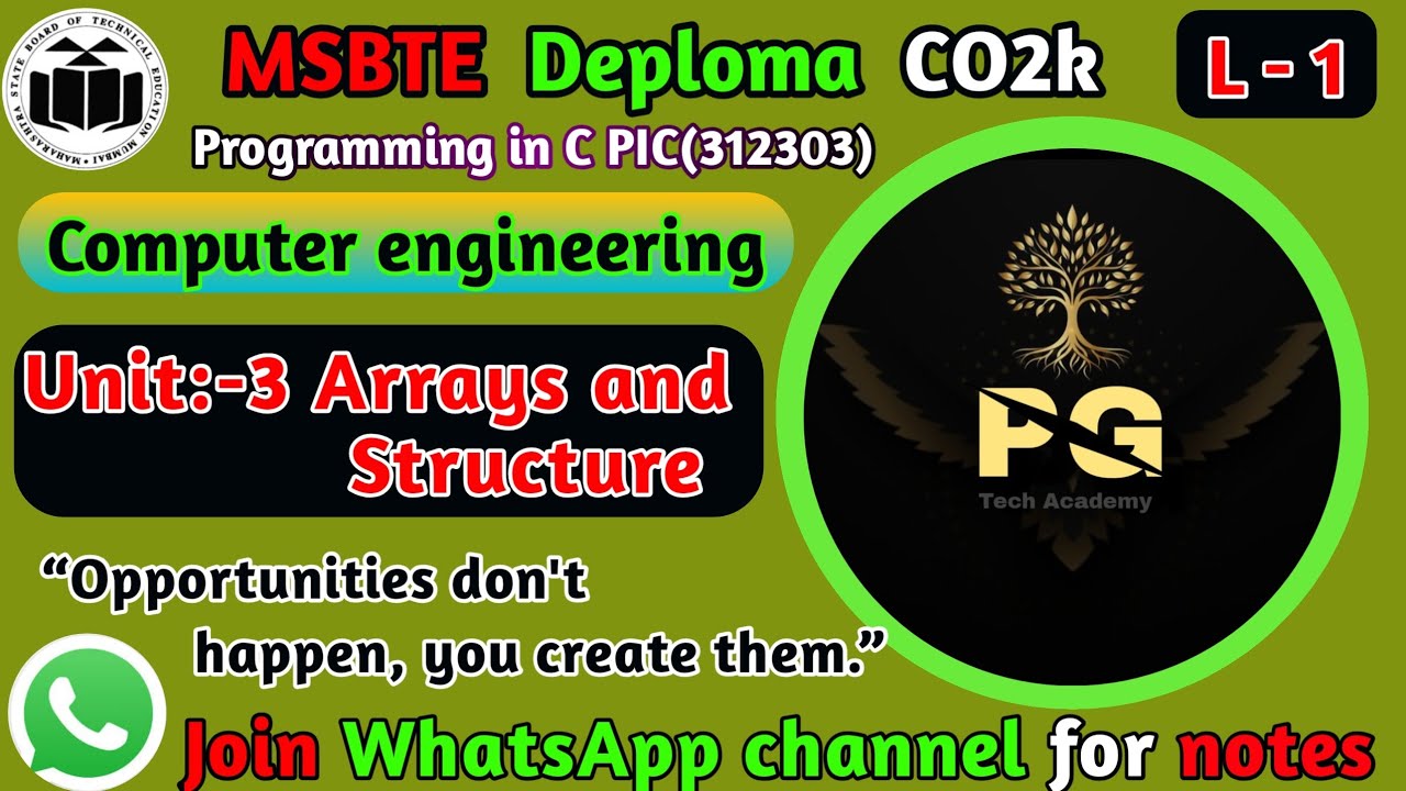 PIC Unit 3 | Arrays in C Programming | What is Array & Types of Array | Lecture 1#msbte #pgtech 