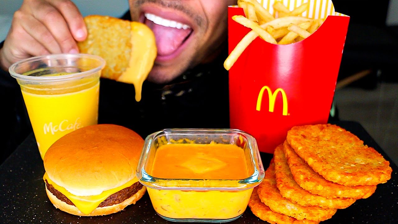 ASMR MCDONALDS HASH BROWNS CHEESEBURGER CHEESE SAUCE FRIES MUKBANG EATING SHOW NO TALKING BIG BITES