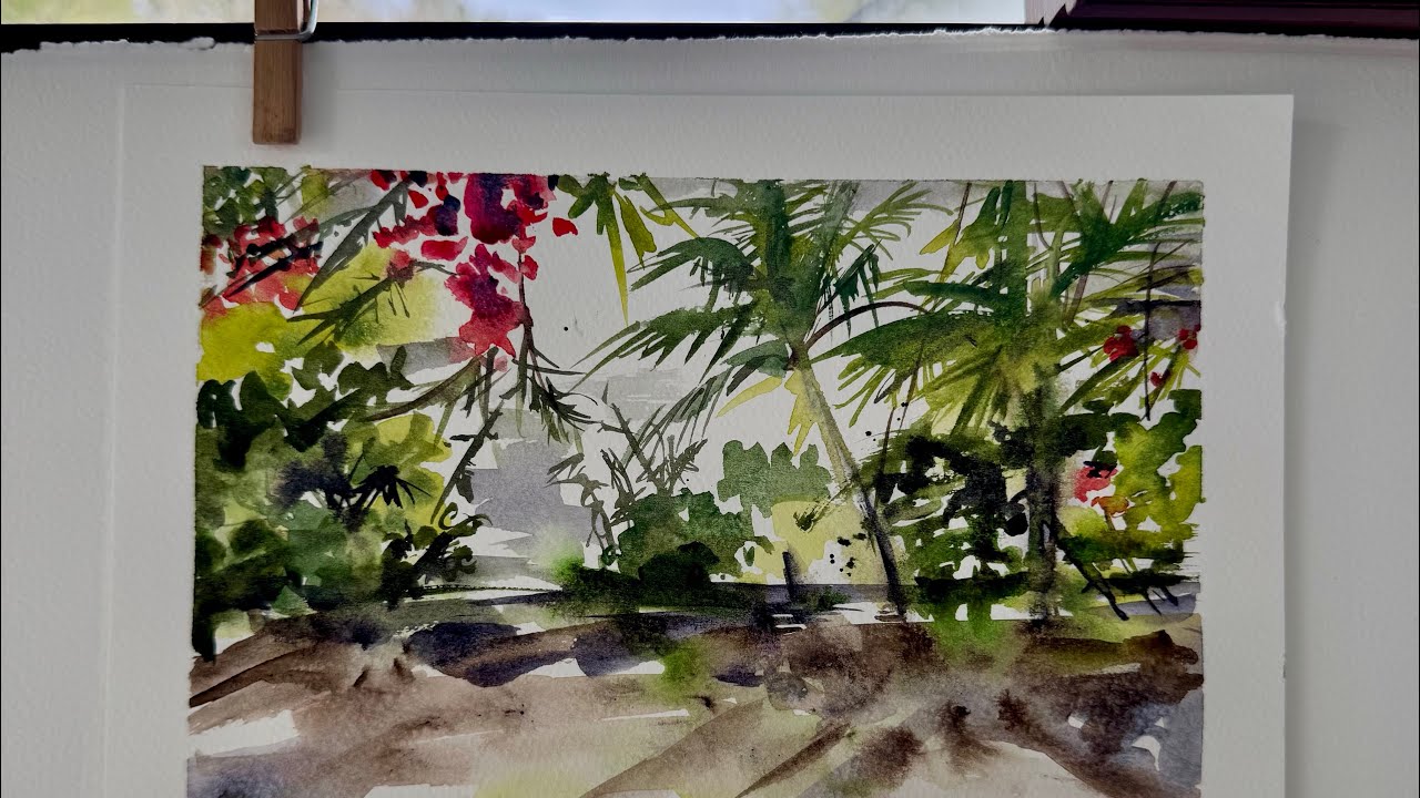 15-minute demo of tropical landscape loose watercolor painting