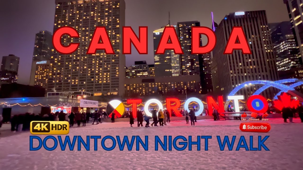 Downtown Toronto at Night 🇨🇦 | Walking Tour to Nathan Phillips Square (4K)
