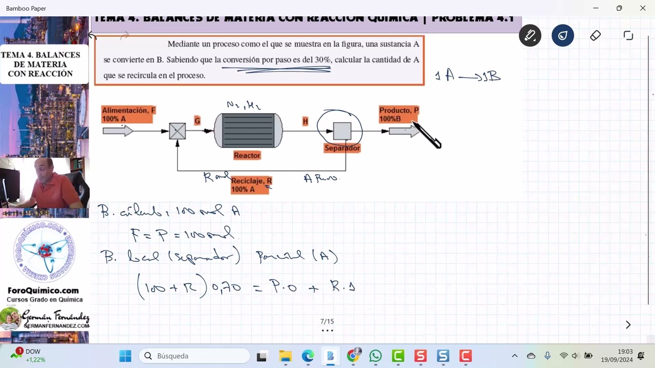 TEMA 4. BALANCES DE MATERIA CON REACCIÓN | EJERCICIO 4.1 BALANCE A UN REACTOR-SEPARADOR