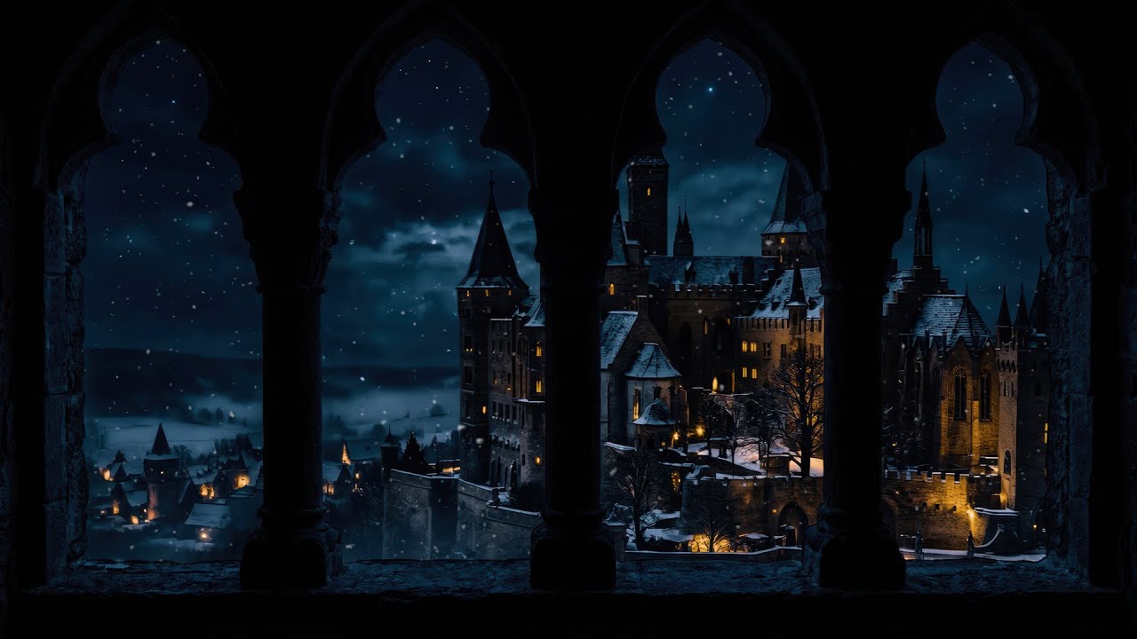 4K Harry Potter Snowy Winter at Hogwarts – Window View with Wind Sounds for Sleep and Reading