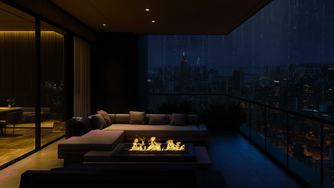 Quiet Rainy Night on a NYC Rooftop | Fireplace Sounds and City Rain Sounds for Study, Fall Asleep
