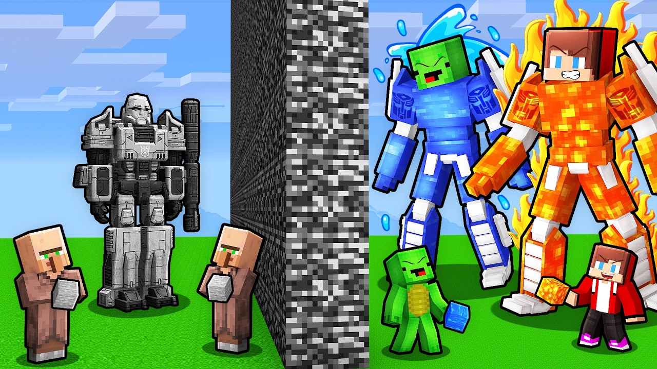 JJ and Mikey vs Villagers Cheated With //ELEMENTAL in Transformer Battle in Minecraft! (Maizen)