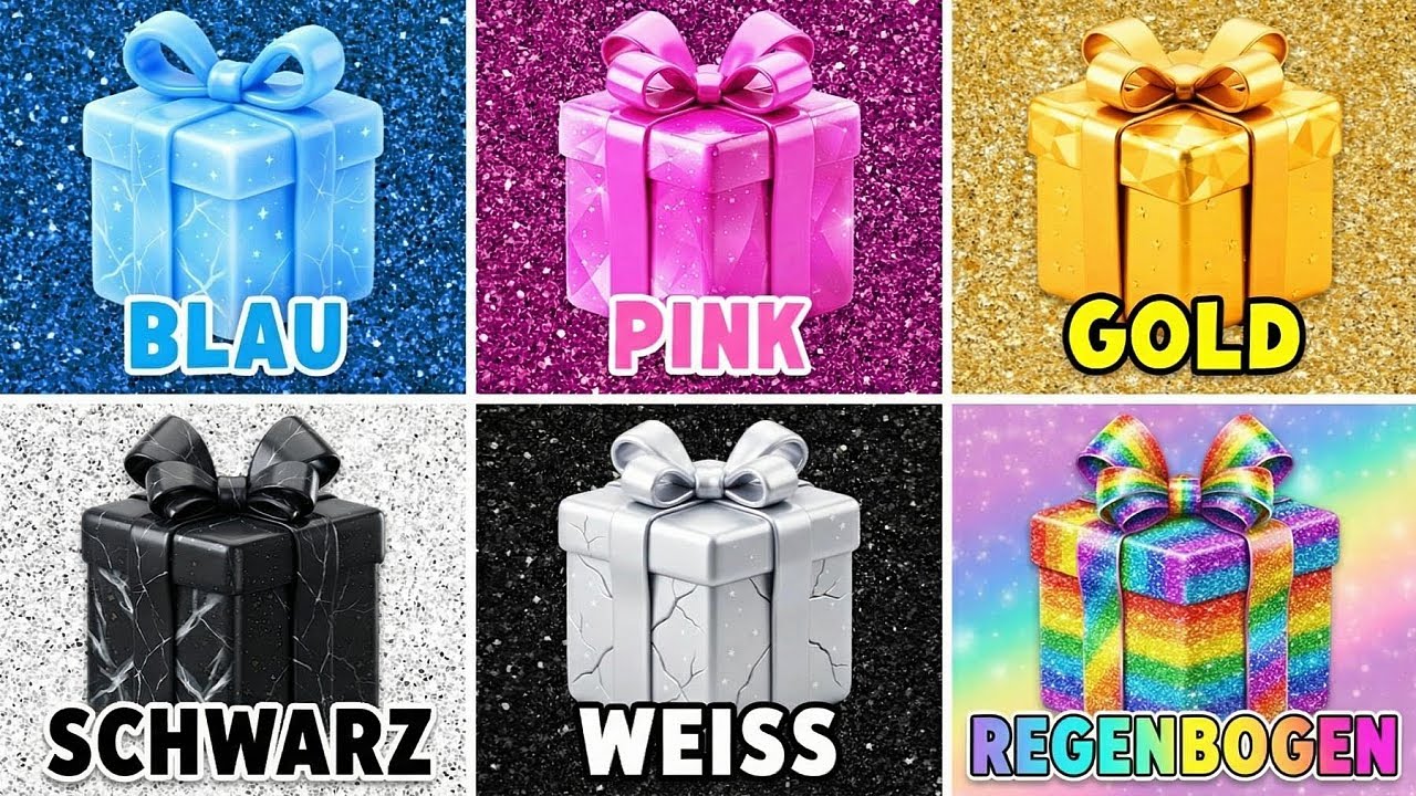 Wähle einen Button💙 Blau 🌸 Pink 💛 Gold 🩷 Weiß 🖤 Schwarz oder 🌈 Rainbow