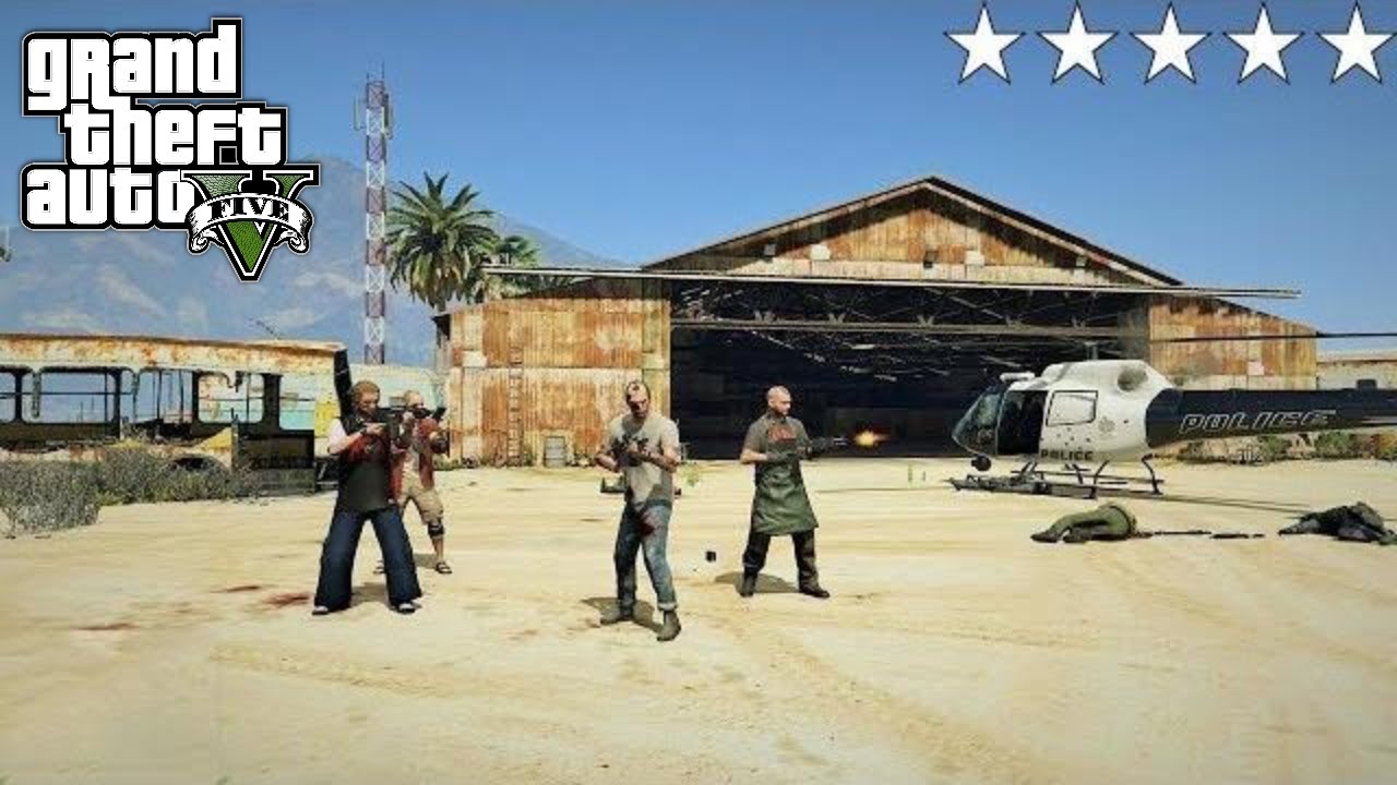 GTA 5 - Trevor, Chef, Ron and Wade's FIVE STAR COP BATTLE/ESCAPE From TP INDUSTRIES AIRFIELD