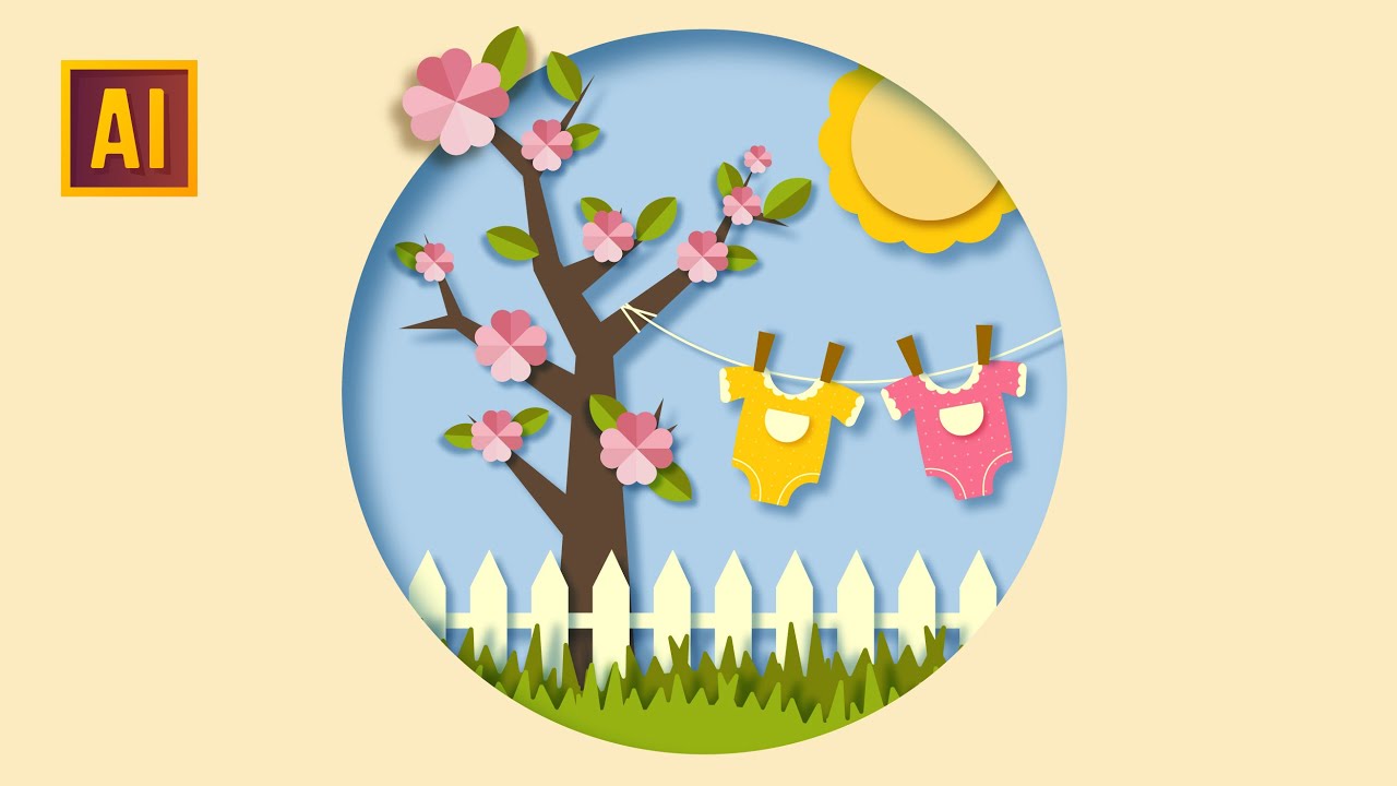 SPRING COMPOSITION IN PAPER CUT OUT STYLE. ADOBE ILLUSTRATOR TUTORIAL.